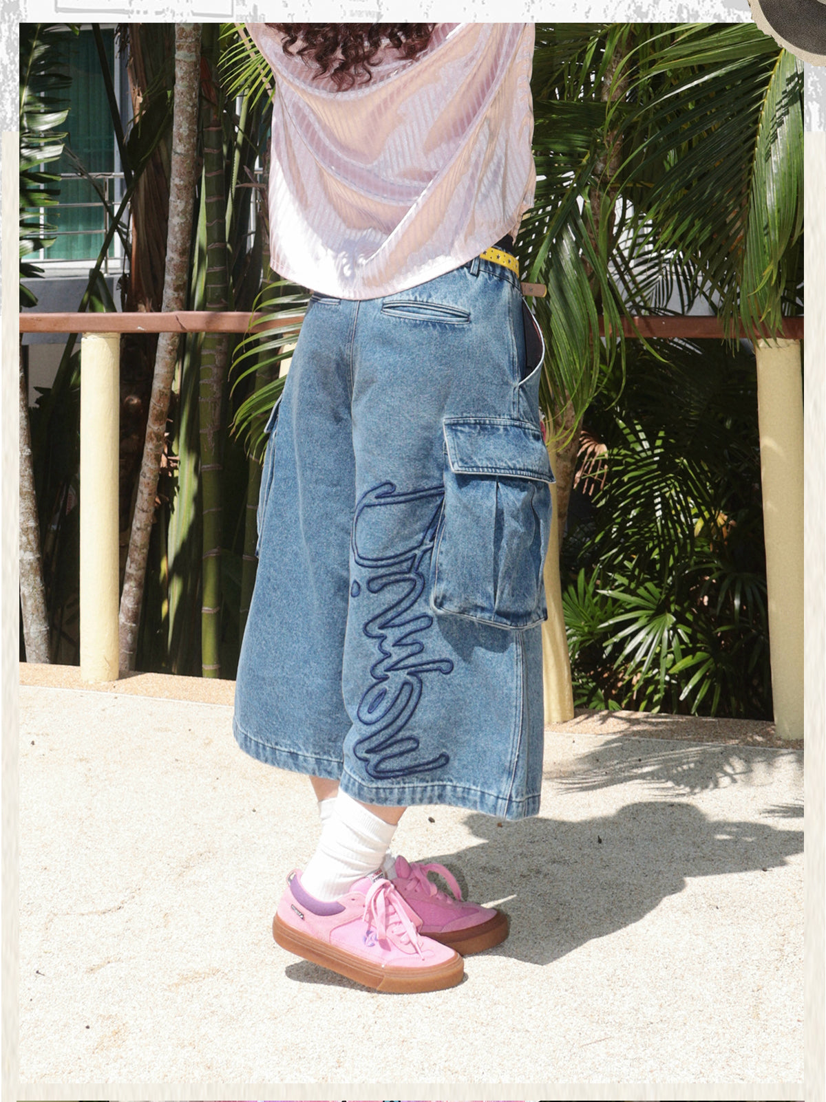 DIMEN Embroidered Washed Denim Shorts