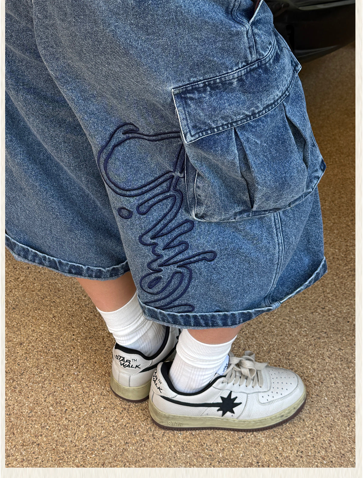DIMEN Embroidered Washed Denim Shorts