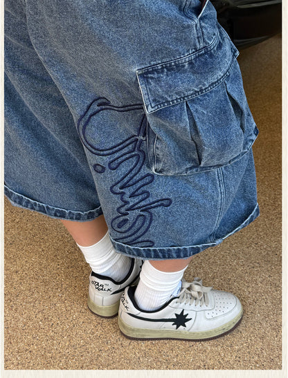 DIMEN Embroidered Washed Denim Shorts